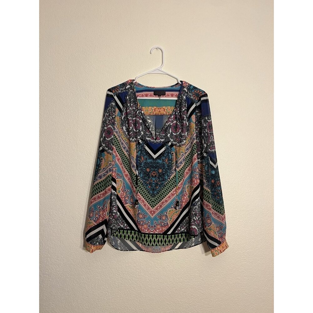 Hale Bob Boho Medium blue Pink Long Sleeve V Neck Blouse Top